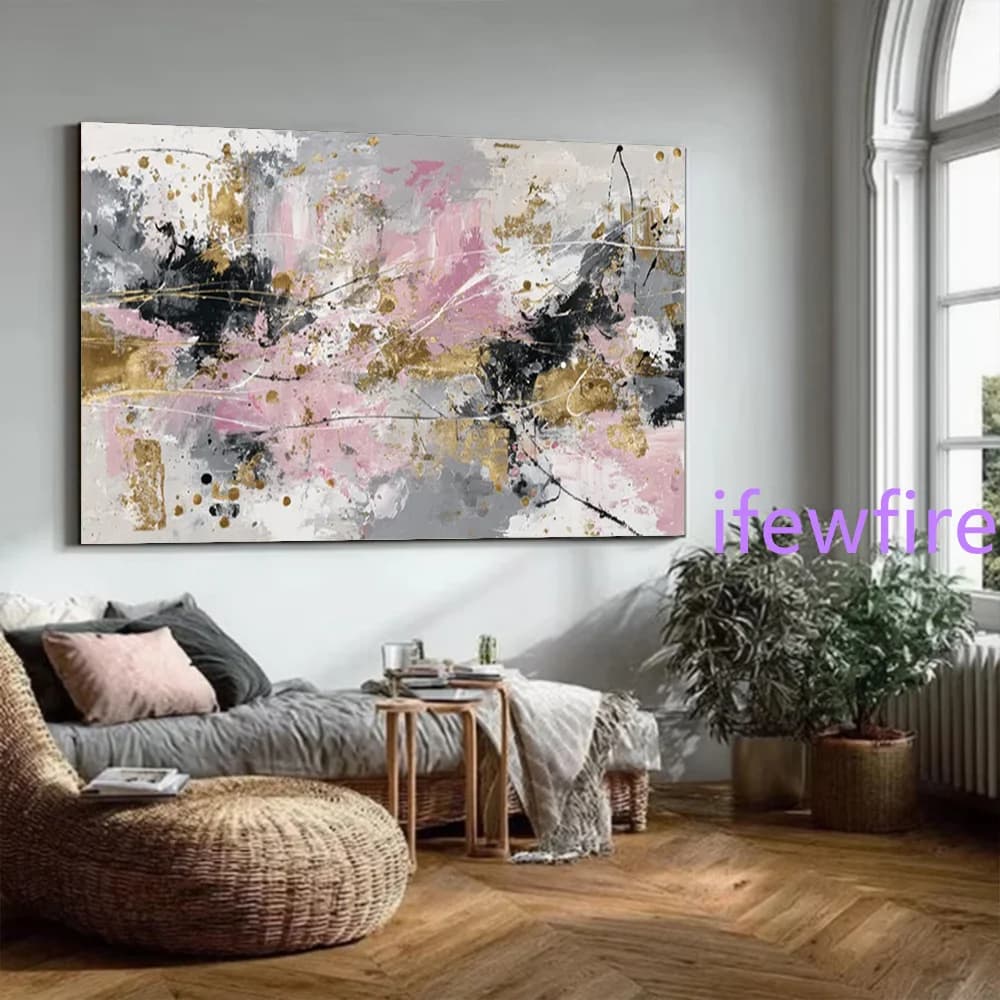 100% Handmade Abstract Oil Painting on Canvas Mural Pink gold foil texture Wall Art Picture for Living Room Decor Image Artwork