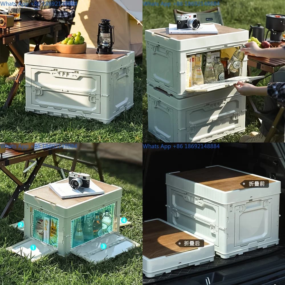 Foldable Storage Box with Wooden Lid Large Capacity Side Opening for Outdoor Camping and Picnic Use