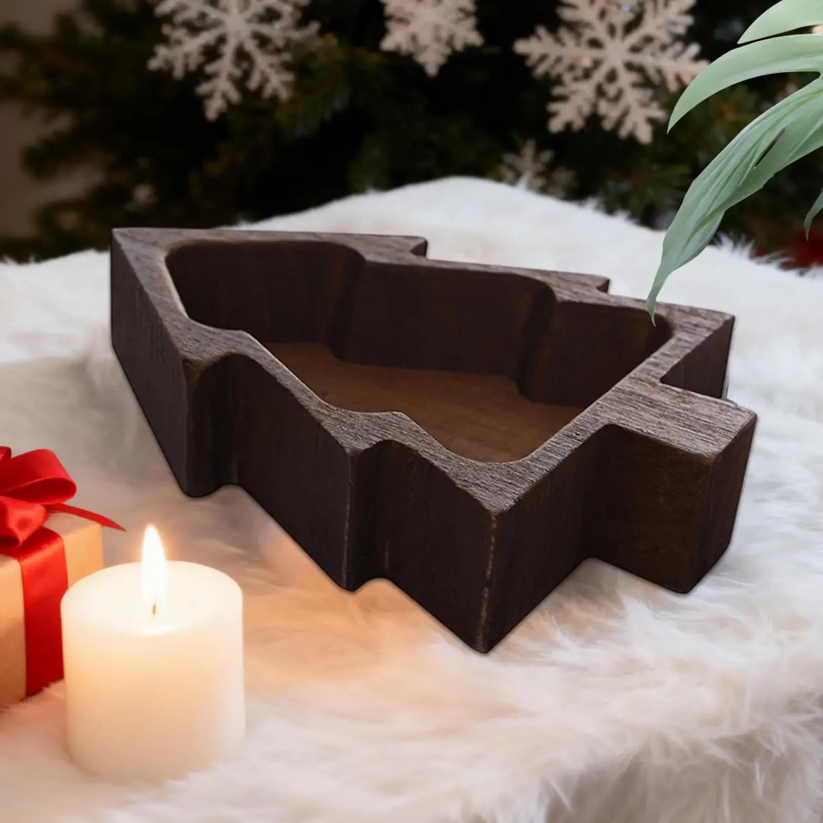 Wooden Candle Bowl Rustic Christmas Tree Home Decor Wooden Bowls Christmas Candle Holder for Candy Snack Charcuterie Sushi