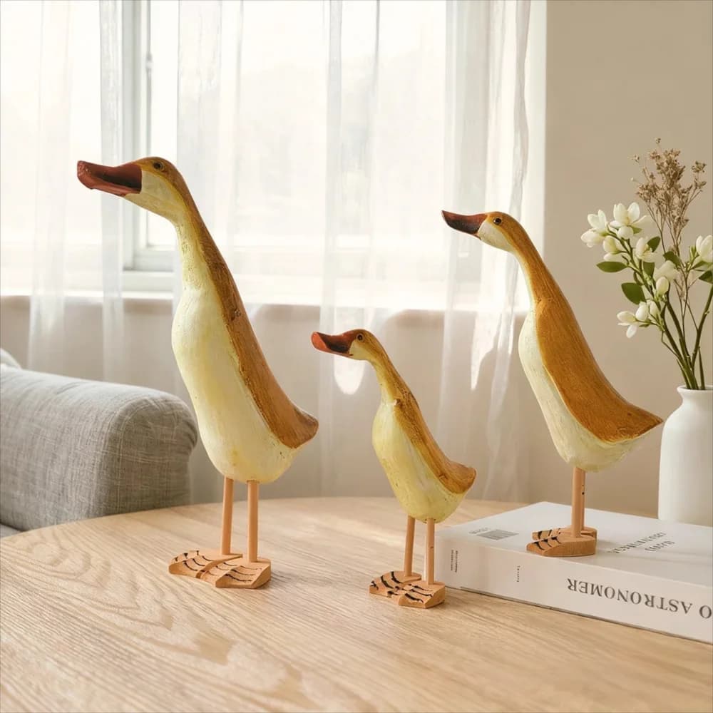 Mediterranean solid wood carved large, medium and small duck three-piece set ornament