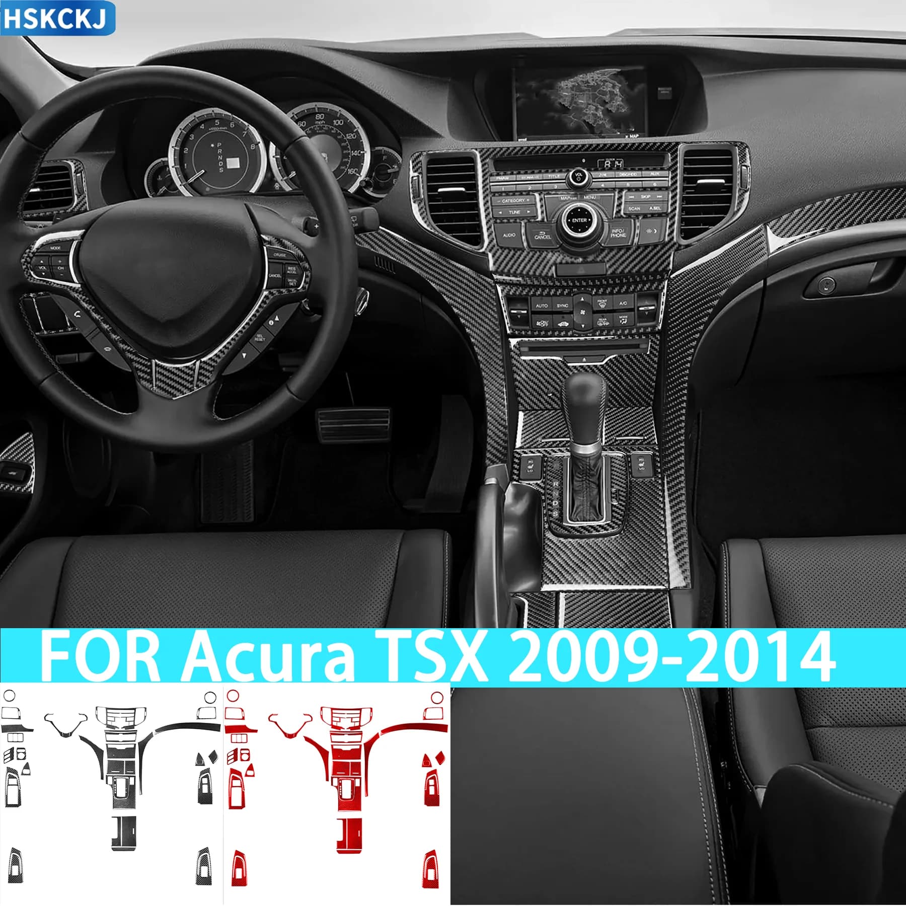FOR Acura TSX 09-14 Car Center Console Set Door Panels Window Lifters Instrument Panel Trims Carbon Fiber Accessories Stickers