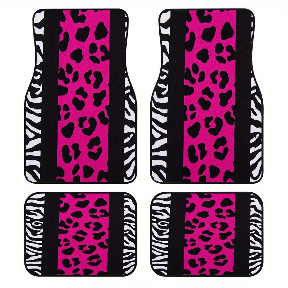 4Pcs Pink Leopard Zebra Pattern Car Mats, washable surface. Fit vans & trucks.Unique car accessories, ideal gift for loved ones.