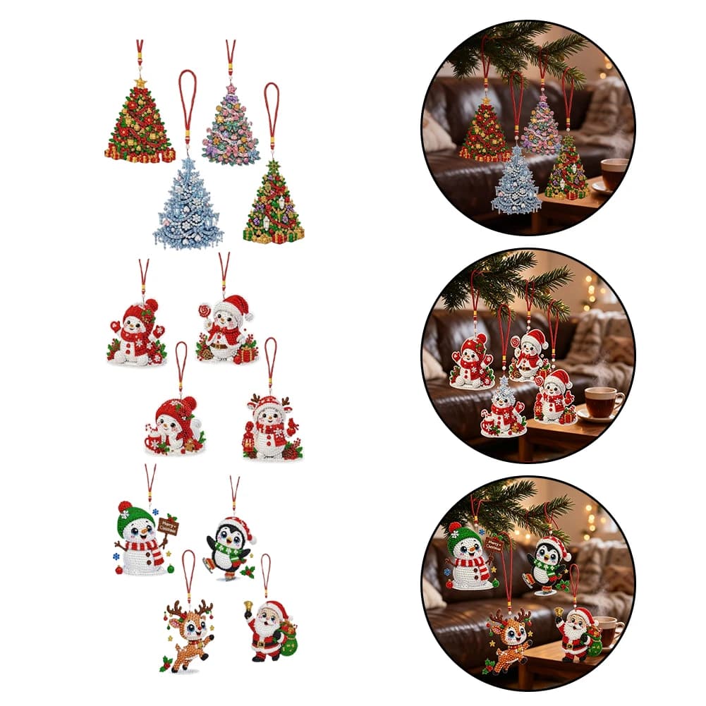 4Pcs 2D Glitter DIY Craft Kit Christmas Tree Hanging Ornament Set Fun Handmade Pendant Supplies Holiday Xmas Home Party Decor