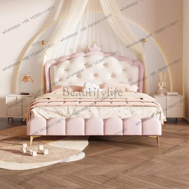 LJY Cream style genuine leather Children's bed 150x200cm solid wood cute design Double bed camas de dormitorio bedroom furniture