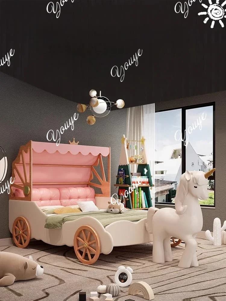 XX Girl Bed Solid Wood Children's Bed 1.5 Meters With Guardrail Leather Bed Tent Bedroom Crown Carriage Cute Pink