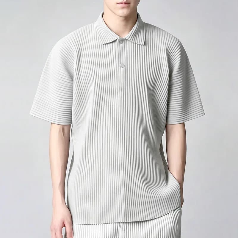 ISSEY pleated short-sleeved V-neck button-down polo shirt t-shirt for men