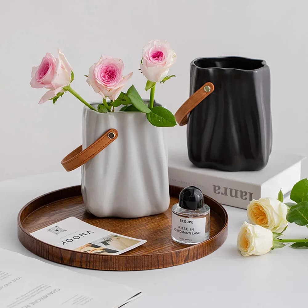 Ceramic Flower Vase with Leather Handle Chic Wave Texture Solid Color Porcelain Vase Home Office Tabletop Decor Flowerpots