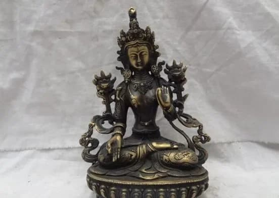 9" Chinese Bronze Buddhism Joss Tibet Dragon Lion Head White Tara Goddess Statue