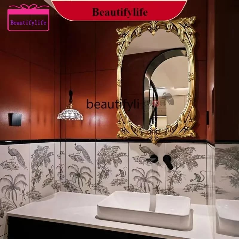 YL    European retro bathroom mirror wall-mounted bathroom carving, European entrance French style, wall-mounted decorative mir
