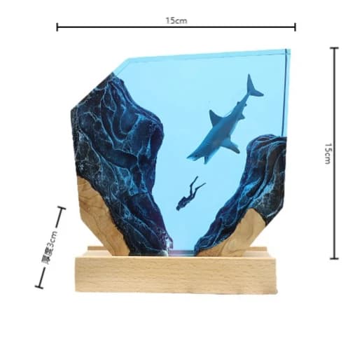 2026 Underwater Shark Diver Marine Artwork Table Sculpture Decoration Item Solid Wood Resin Glowing Premium Home Decoration