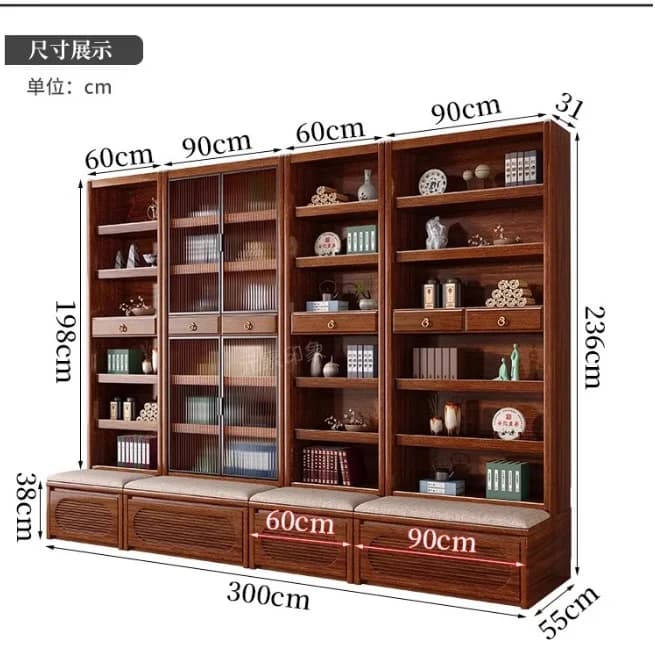HYS  solid wood bookcase with glass door free combination bookcase multi-function wall vertical cabinet display cabinet