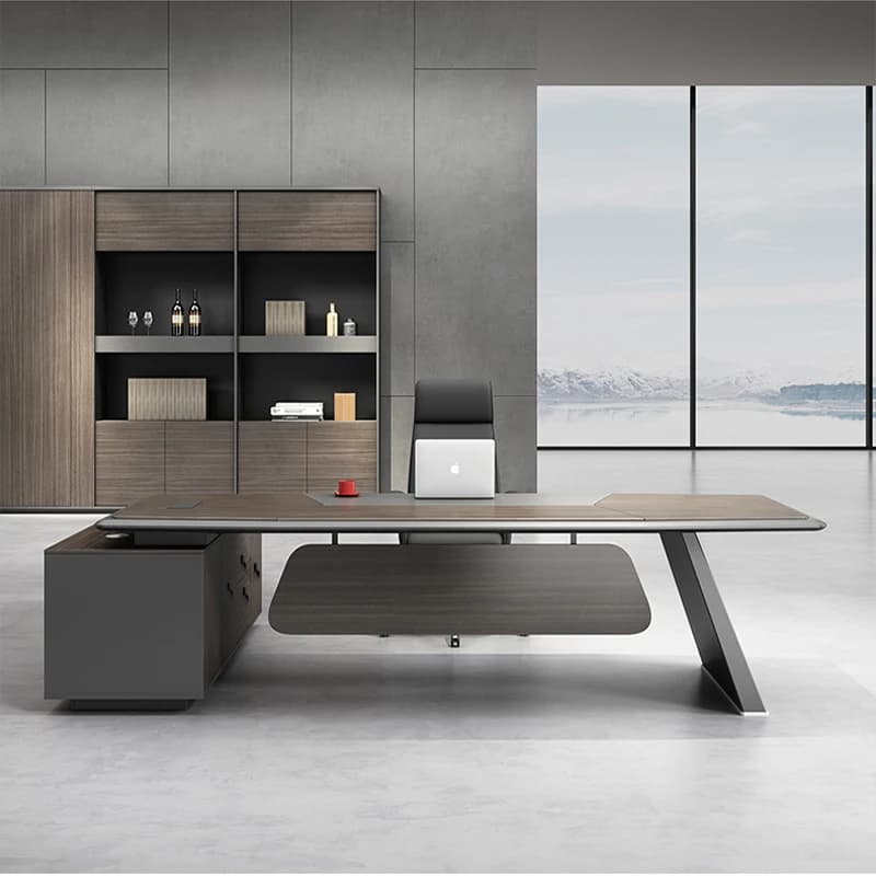 high-end minimalist modern desk CEO-led director Large L-shaped room manager Gold white and orange minimalist