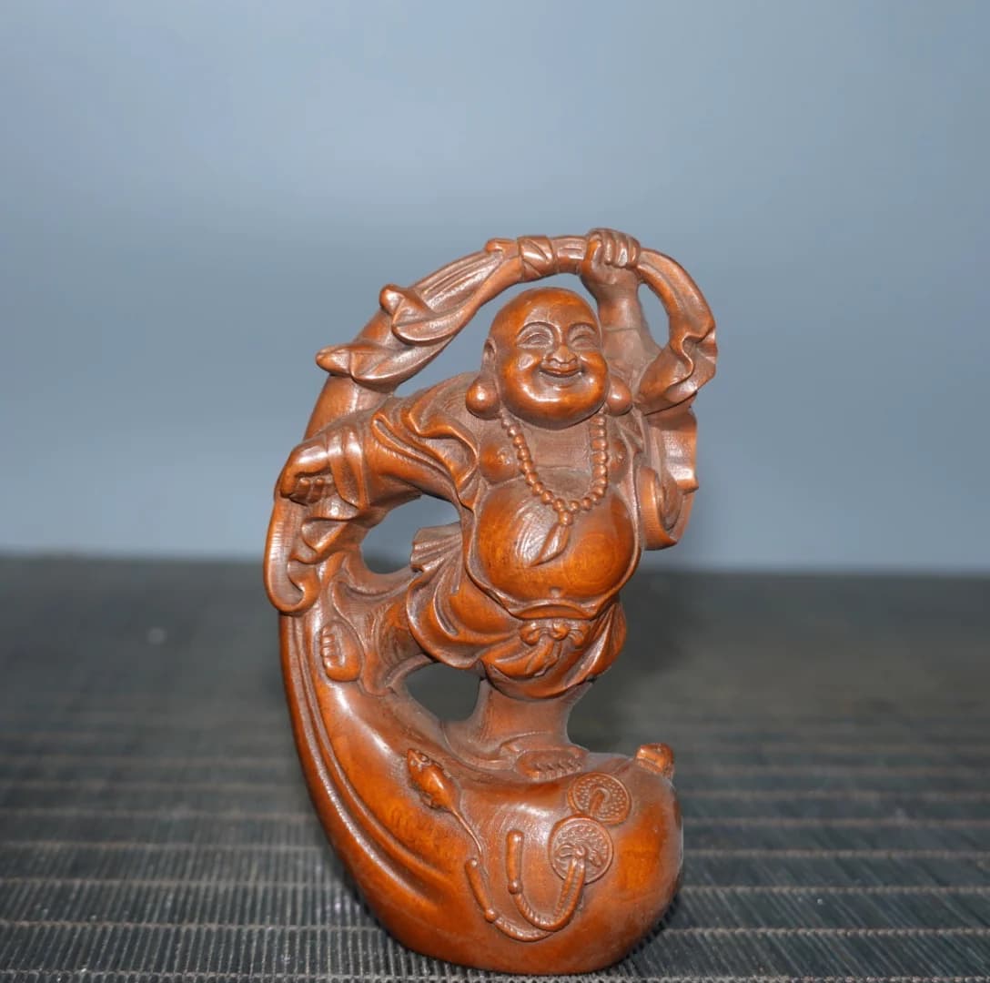 4"Tibetan Temple Collection Old Boxwood Golden Bag Maitreya Bodhisattva Dancing Buddha Amass wealth Town house Exorcism