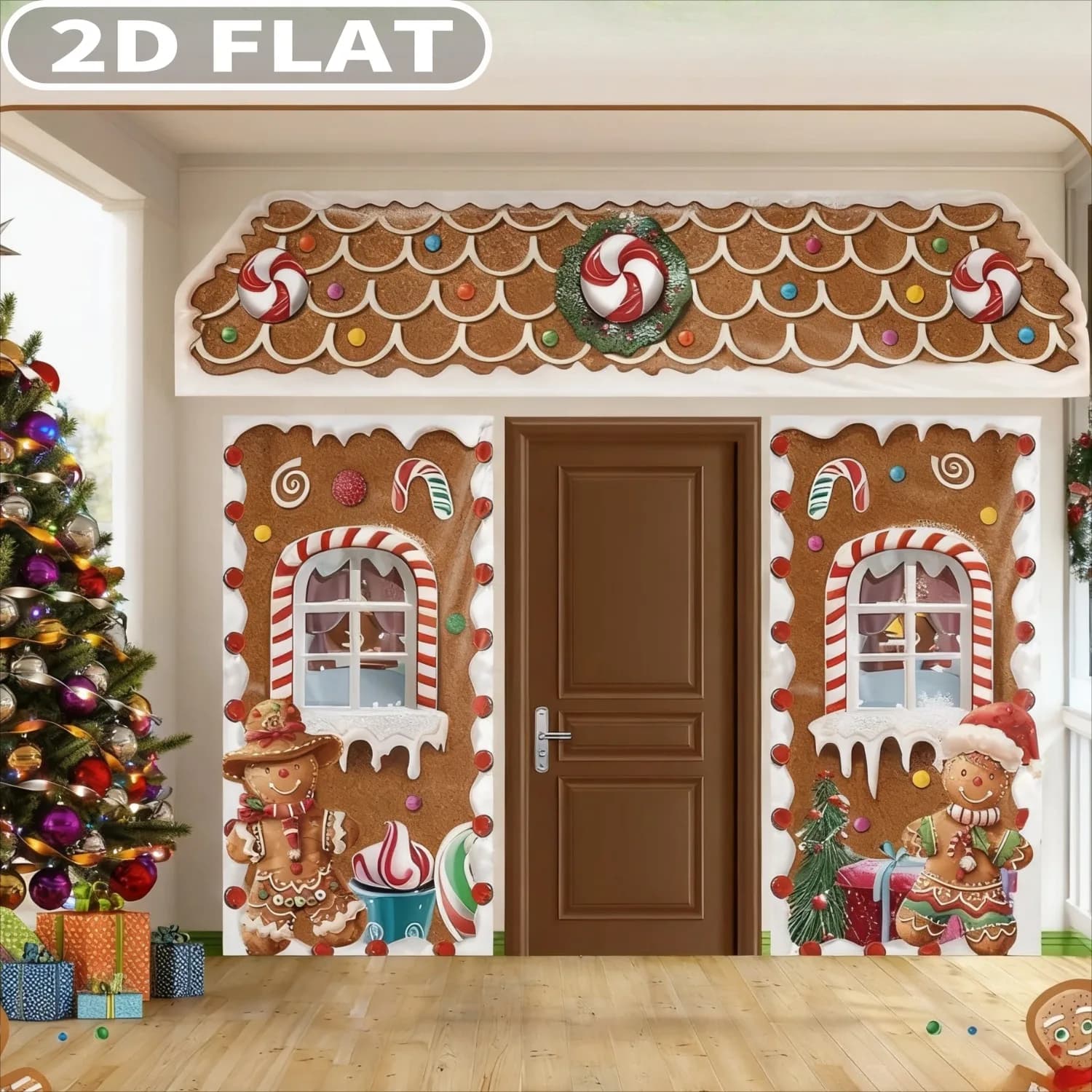 3pcs Christmas Gingerbread House Party Banners, Brown/Pink Gingerbread Door Covers Christmas Door Banners for Xmas Party Decor