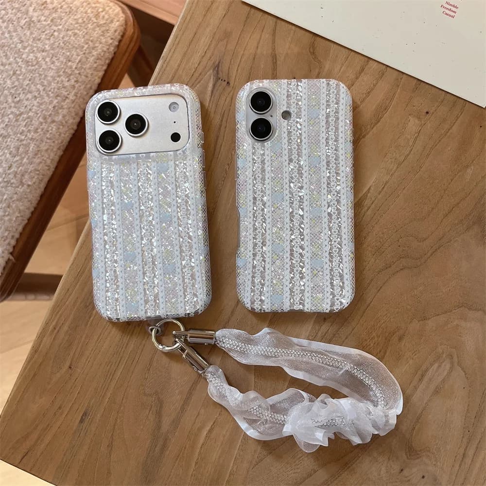 Korea Ins Fashion Glitter Lace flowers Phone Case For iPhone 18 Pro 14 15 16 17 Pro Max Cover Wrist Strap Shockproof Cute Cases