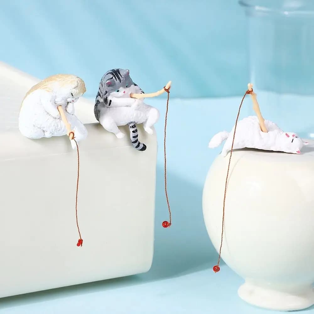 Miniature Fishing Cat Ornament Cartoon Style Resin Aquarium Decoration Hanging Design Creative Design Mini Figurine Aquarium
