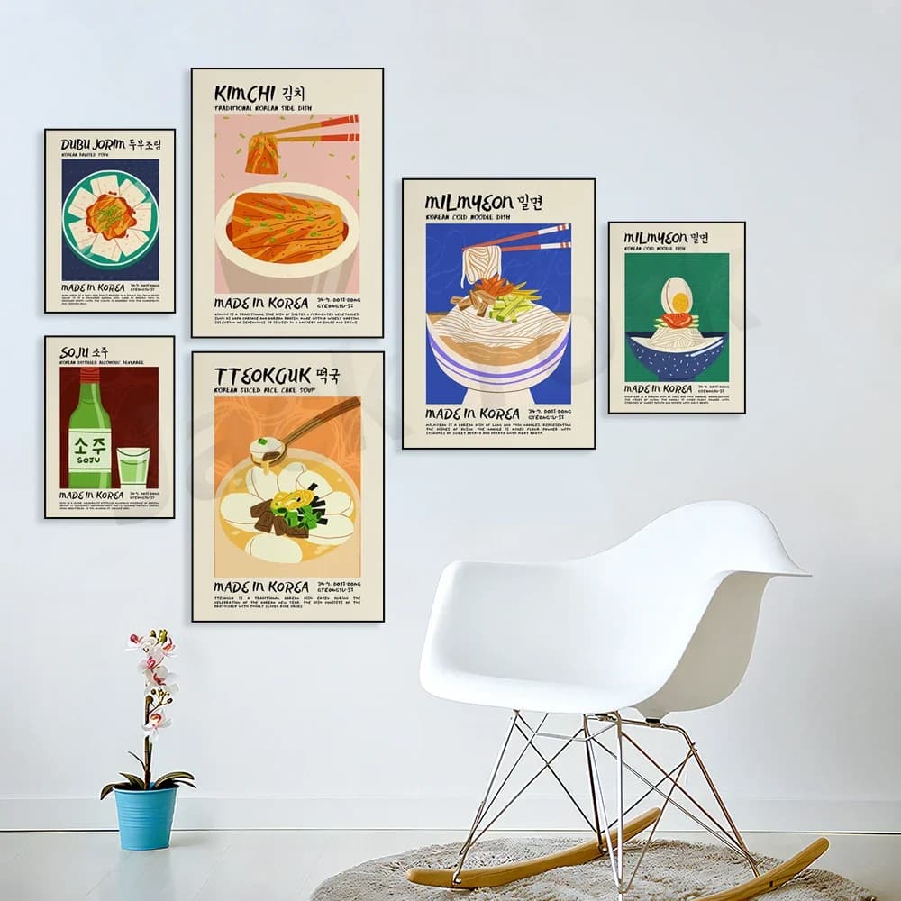 Bingsu Poster,Milmyeon Poster,Kimchi Poster Korean Asian Food Retro Wall Print Print Art Modern Kitchen Decor  Printable Art