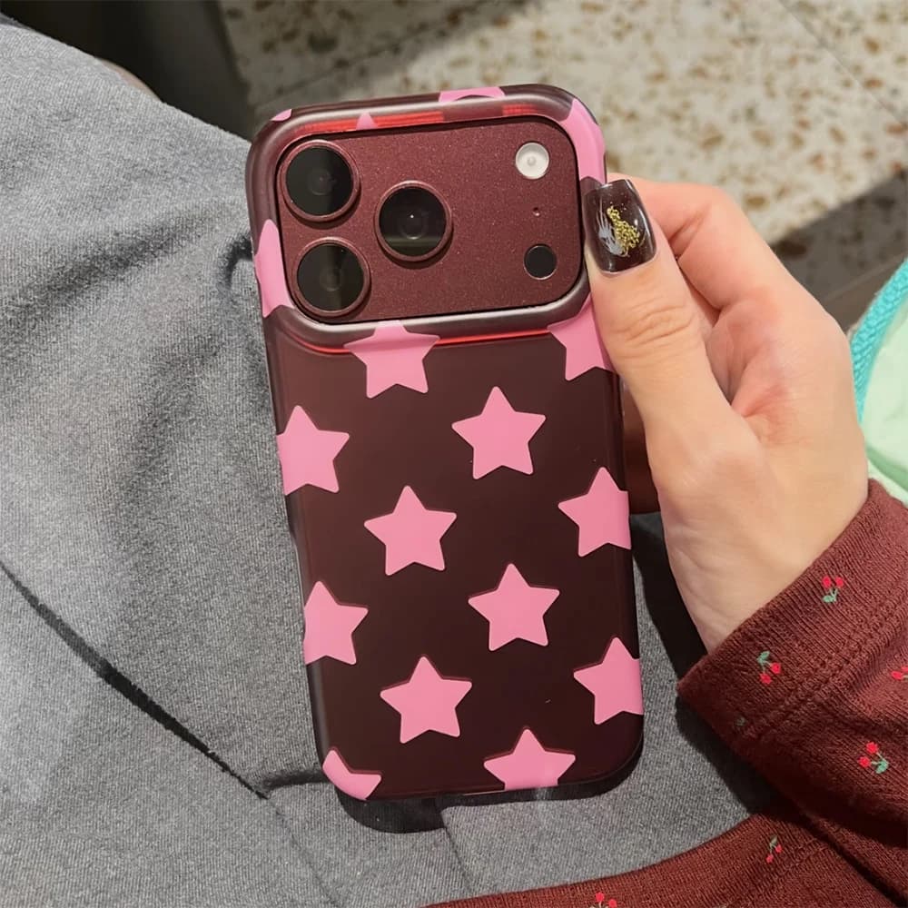Ins Fashion Pink Stars Burgundy Case For iPhone 18 Pro Max 17 16 15 Shockproof IMD TPU Wine Red Back Cover Funda Shell