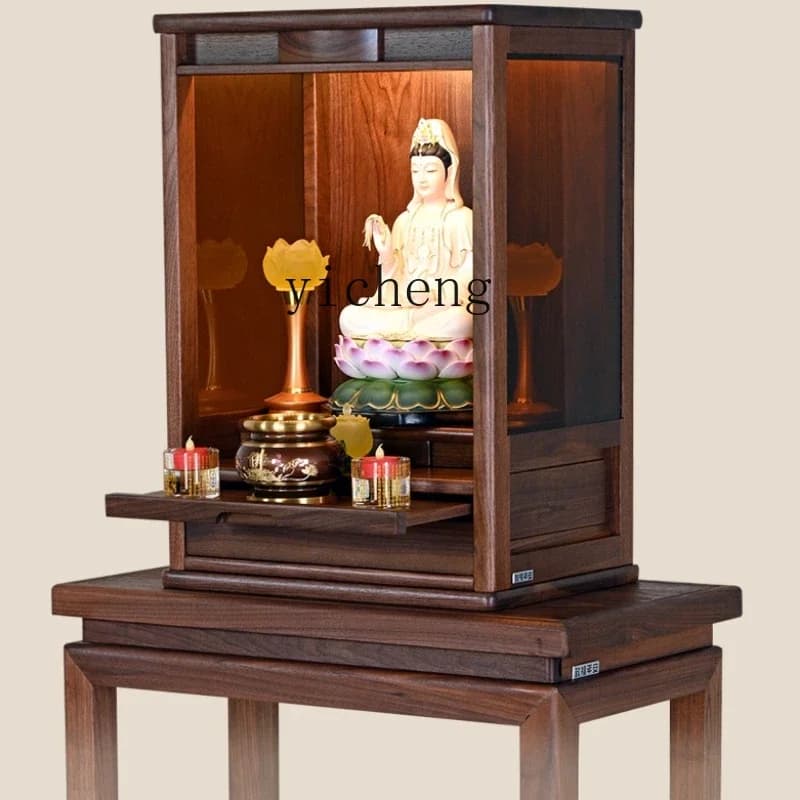 ZZf Solid Wood Walnut Worship Guanyin God of Wealth Desk Home Buddha Niche Hanging Cabinet
