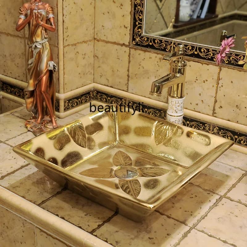 European-style golden counter basin square ceramic wash basin hotel gold-plated washbasin bathroom art washbasin