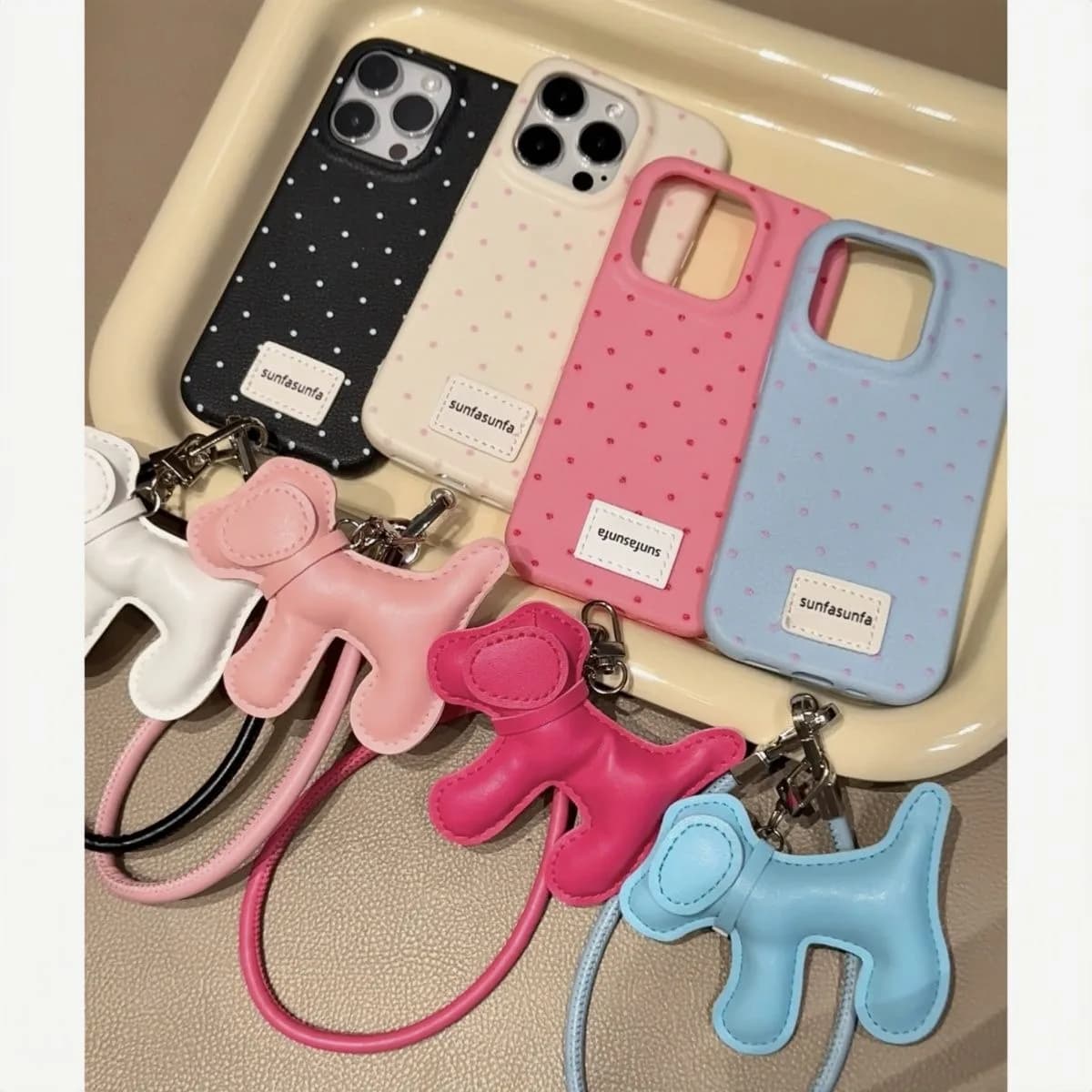 Phone Case For iPhone 16 15 14 13 12 11 Pro Max Plus New INS Candy Color Polka Dots Print Protective Cover With Puppy Lanyard