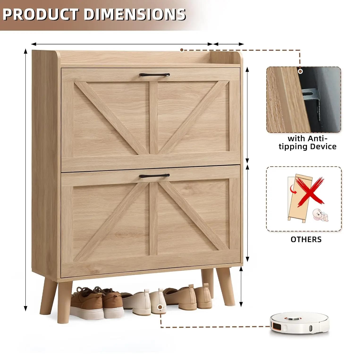 Shoe Cabinet Storage for Entryway with 2 Flip Drawers, Customized