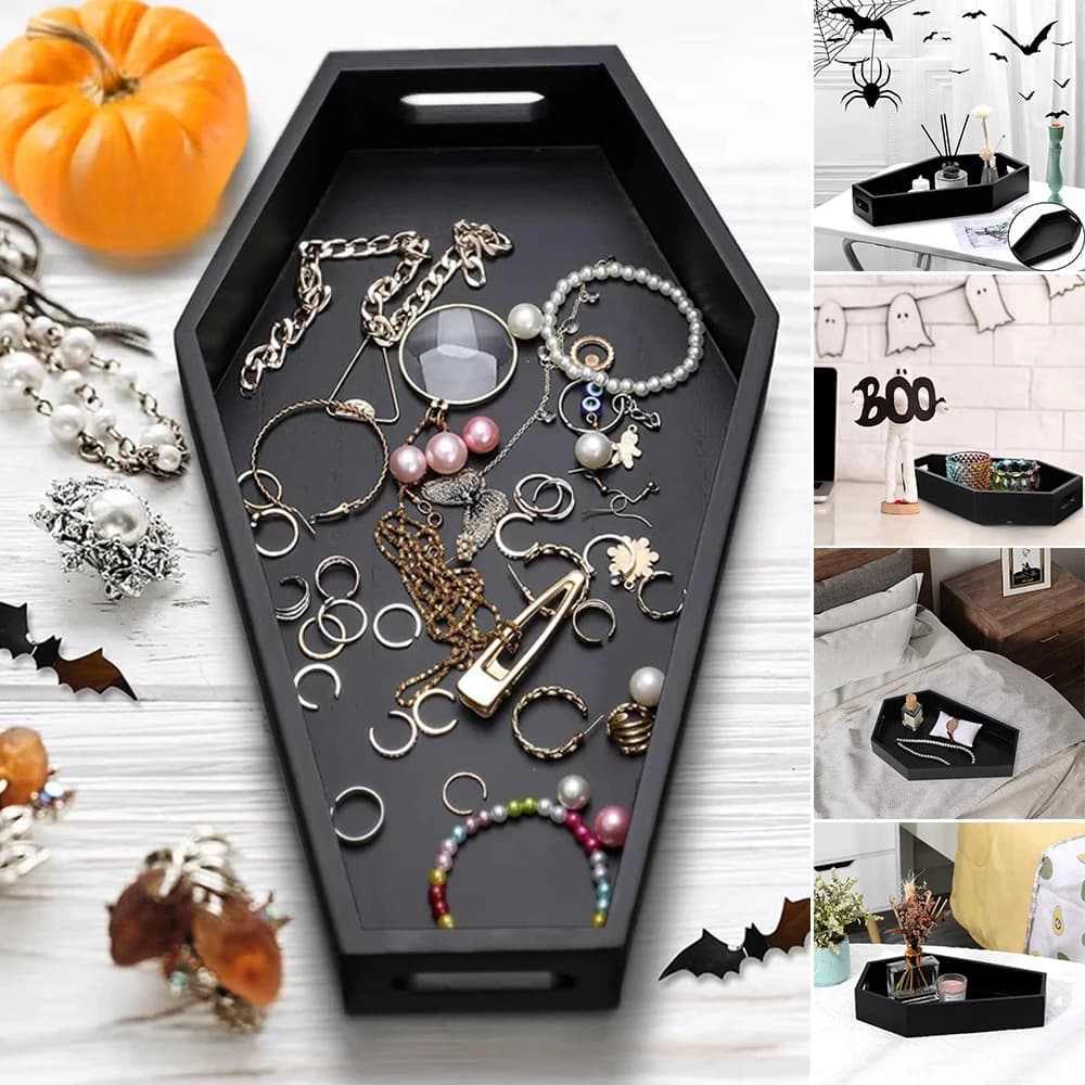 1PC Black Tray Coffin Shape Storage Box Gothic Home Wood Tray Halloween Decoration Birthday Thanksgiving Day Present Gifts 수납