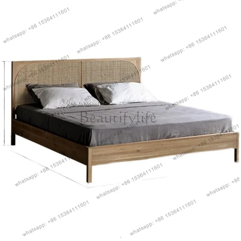 Modern minimalist solid wood bed Japanese-style wabi-sabi rattan double bed retro furniture
