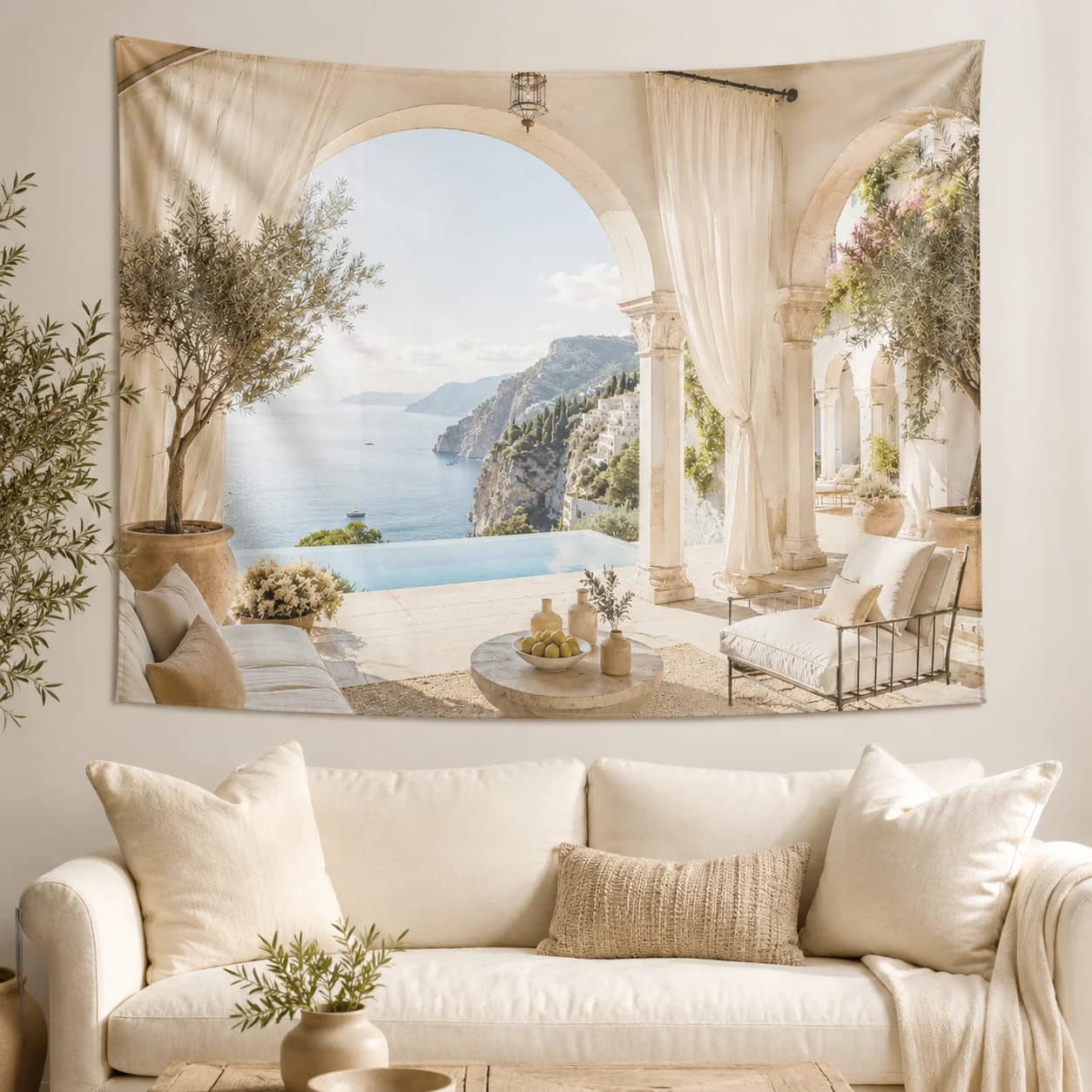 Italian Coastal Arch Sea View Tapestry, Boho Neutral Landscape Wall Hanging, Aesthetic Bedroom Wall Decor