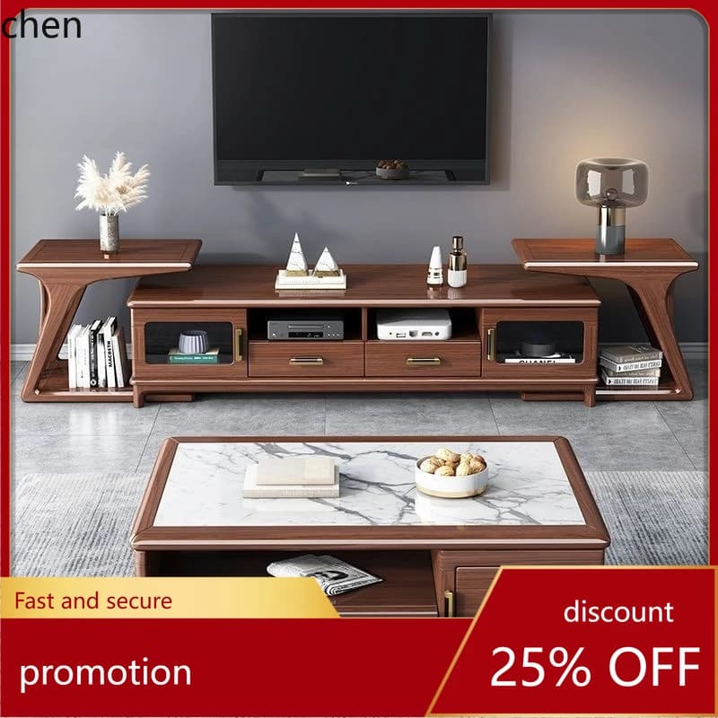 CZ Walnut Solid Wood TV Cabinet Coffee Table Simple Living Room Storage Furniture Set