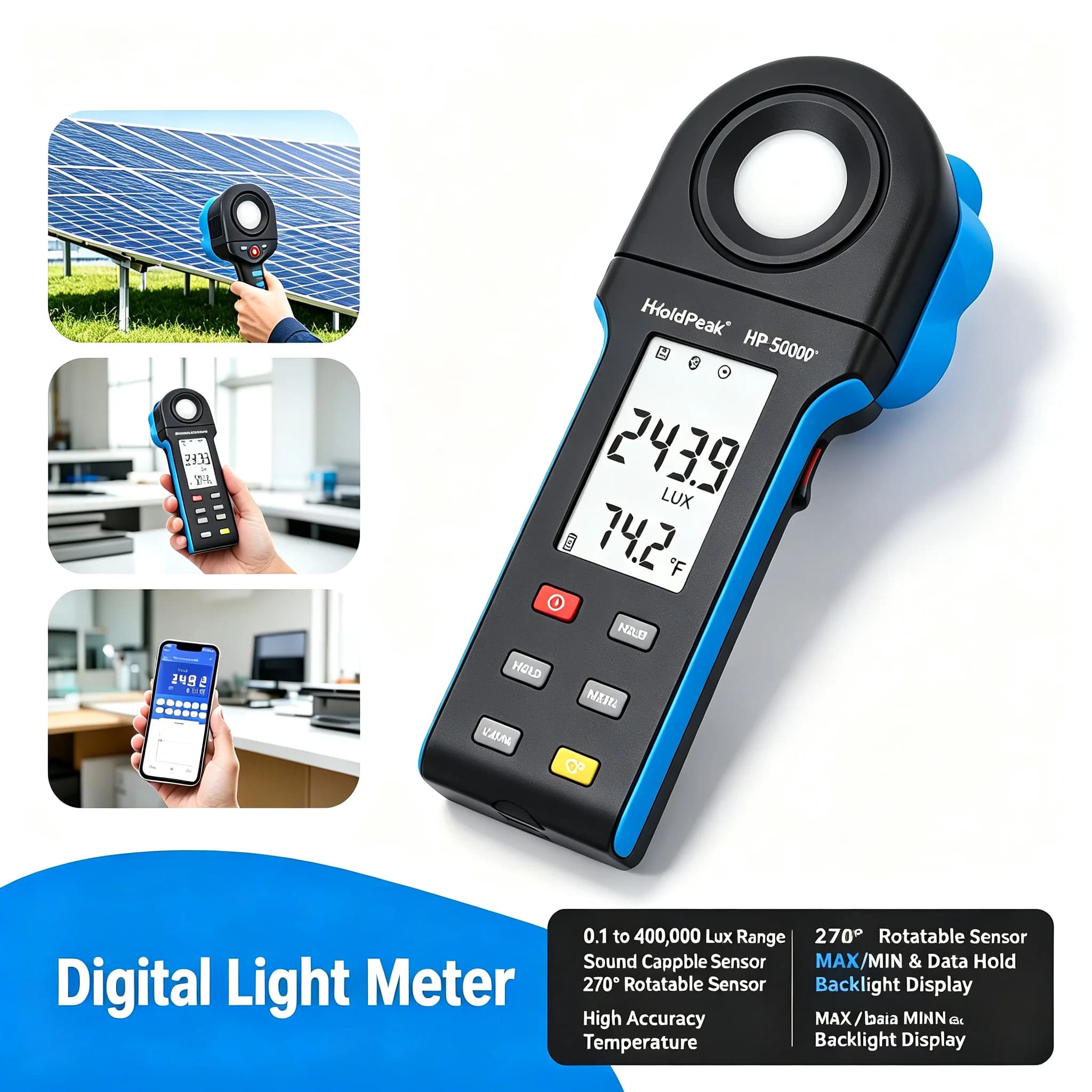 Smart APP Digital Lux Meter Light Meter 400,000 Lux/FC Illuminance Tester LCD Display for Indoor Plants Photography Factory