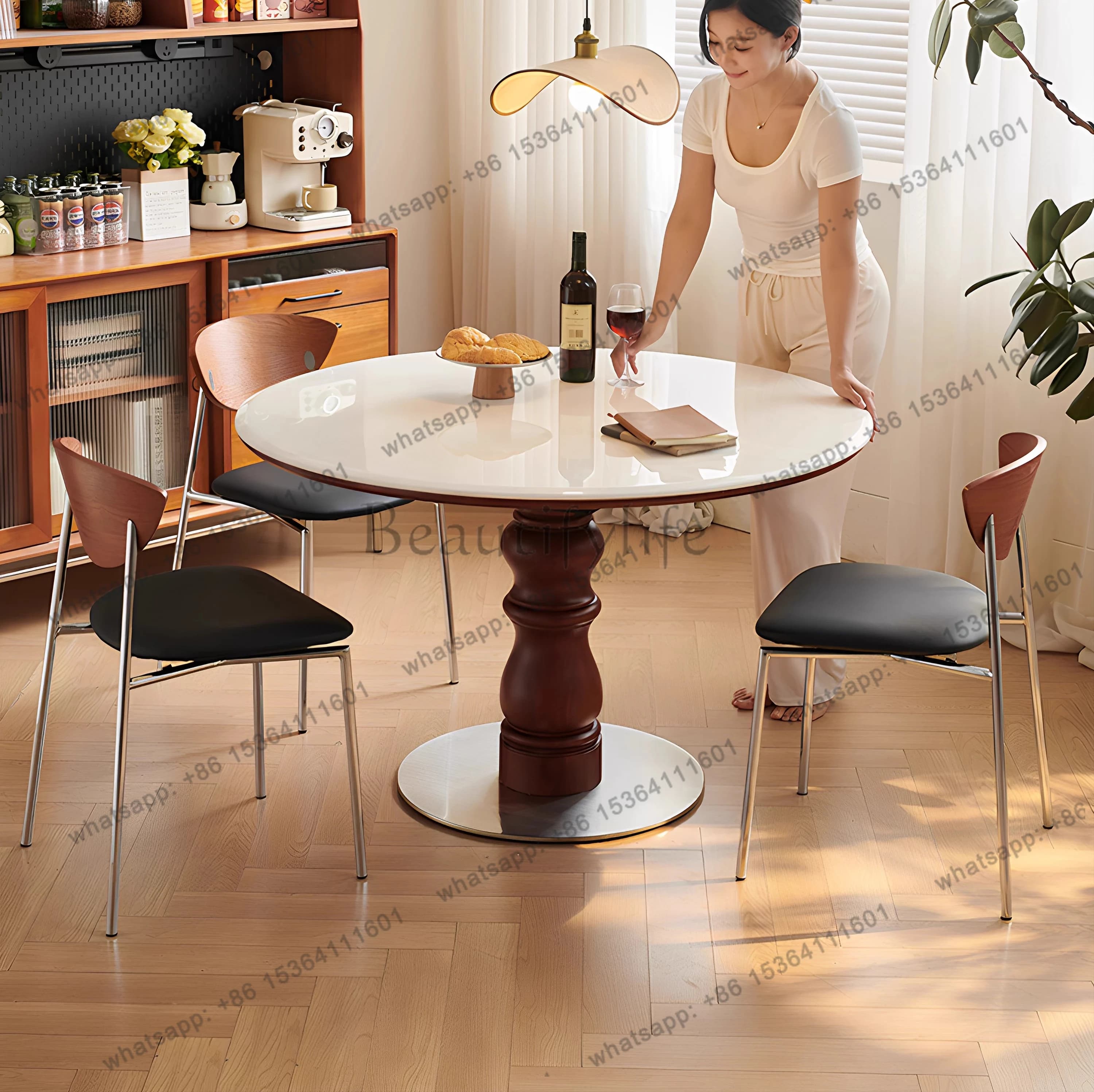 Natural marble small round table premium French antique solid wood luxury stone dining table