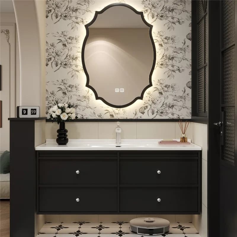 Ceramic Integrated Washbasin Cabinet Black French retro mirror cabinet aesthetic design accesorios para baño bathroom furniture