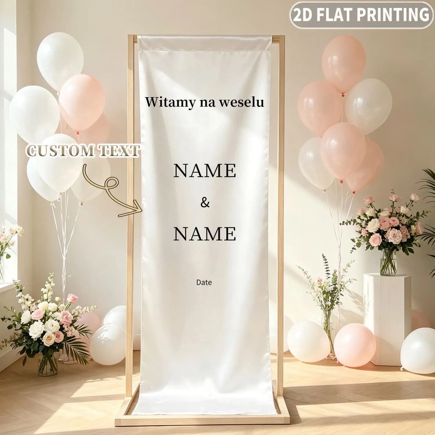 Custom 1pc Polish Language Satin 2D Flat Wedding Welcome Sign Party Banner, Personalized with Bride & Groom Names and Date