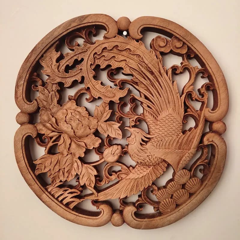 26.5cm China Hand Carved Wood Phoenix Peony Pattern Statue Plate Wall Sculpture