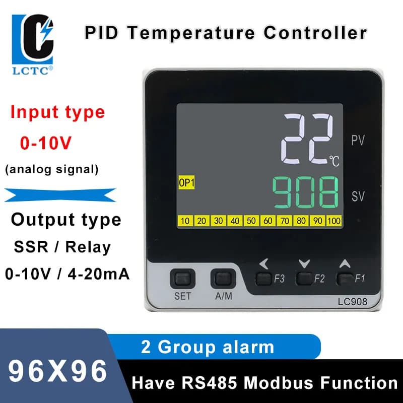 LCTC PID Regulator SSR Relay 4-20mA 0-10V Output PID Digital Temperature Controller 0-10V Input 96x96mm LCD RS485 Modbus LC908