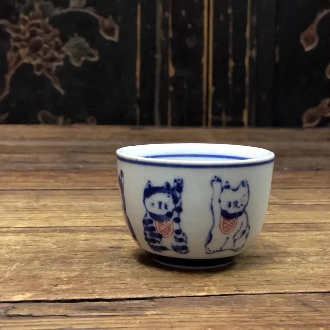 2.36 inch Chinese Blue and White Porcelain Teacup Cup Cat Pattern exquisite handicraft