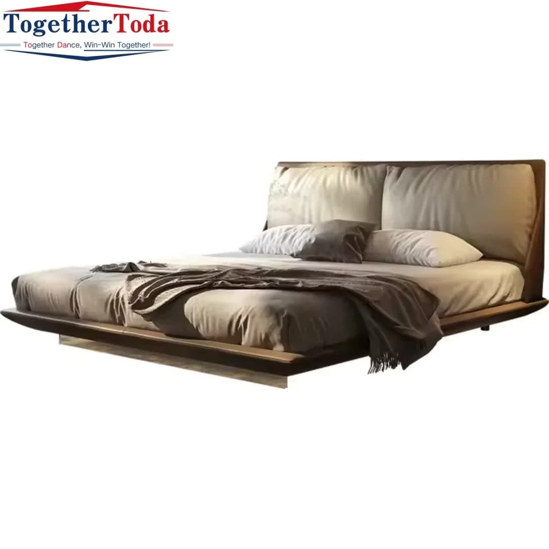 Modern Minimalist Solid Wood Double Bed with Storage Cowhide Leather Bed Top Layer Simple Style for Master Bedroom with Lamp