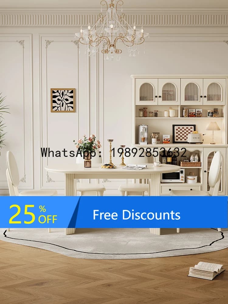 YFY French Cream Style Dining Table and Chair Set Home High-End White Solid Wood Dining Table Restaurant 1.6M Oval Dining Table