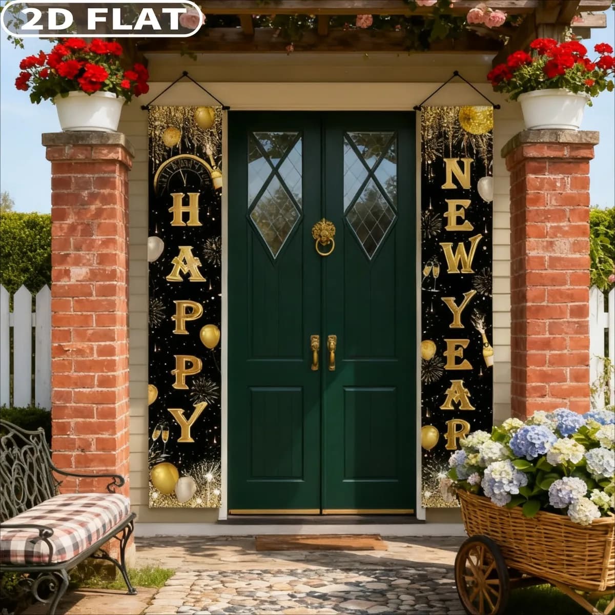 1pair Happy New Year party packs Door Banners - 30x180cm Gold Black Sign | Polyester Festive Happy New Year Banner for Entrance