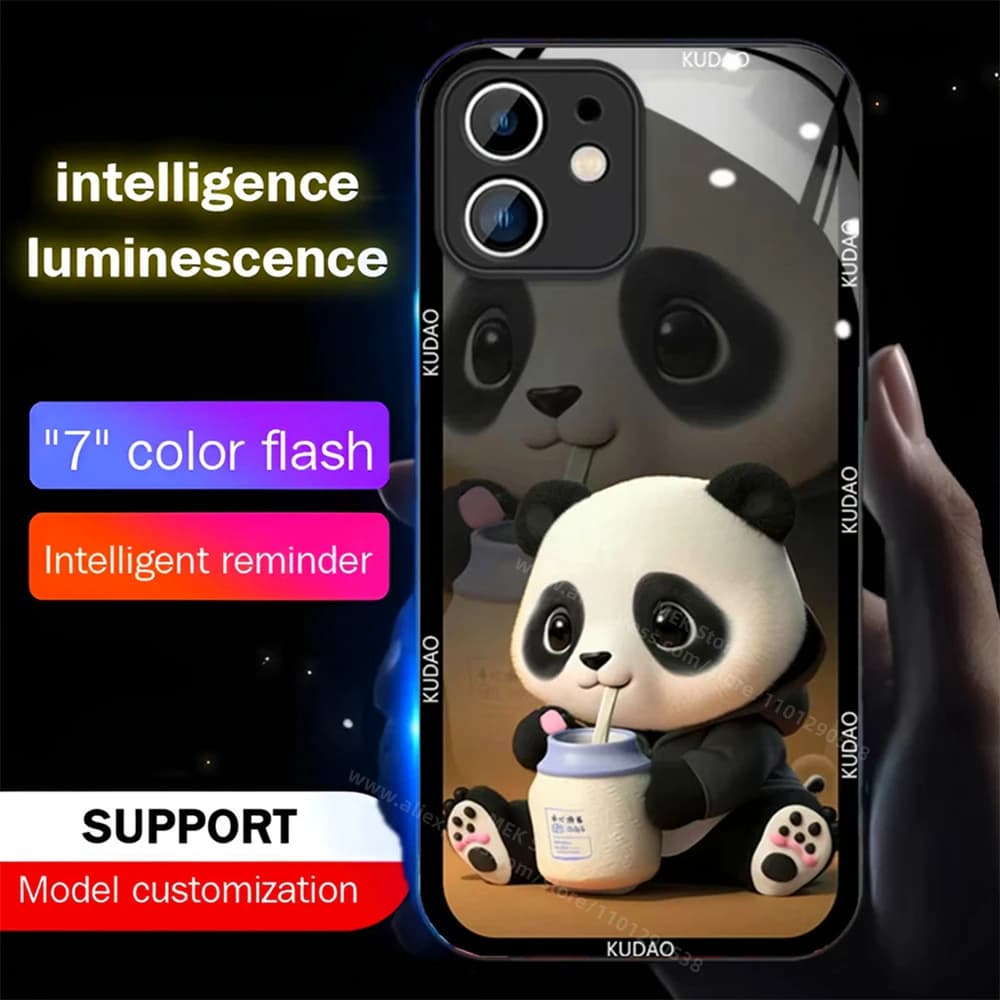 Milk Tea Panda Design Sound Control LED Flash Cases Luminous Glass Cover For Samsung S25 S24 S23 S22 S21 S20 FE Plus Ultra