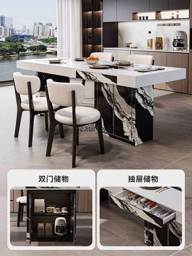 04**Rock slab color matching island dining table integrated Italian minimalist custom home with storage