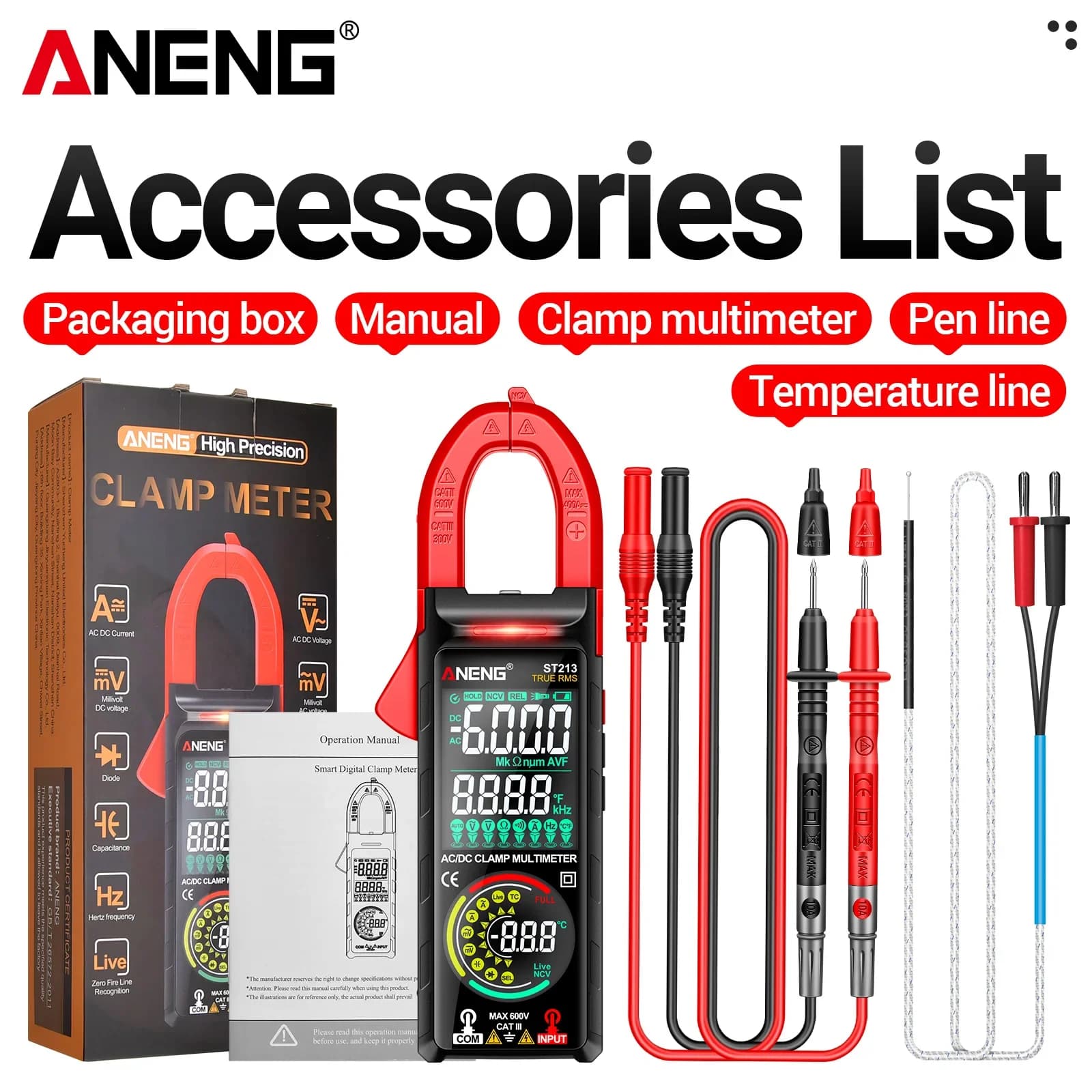 ANENG ST213 Digital Clamp Meter 6000 Counts Auto Manual Range NCV AC DC 400A Voltage Current Temperature Hz Capacitance Tester