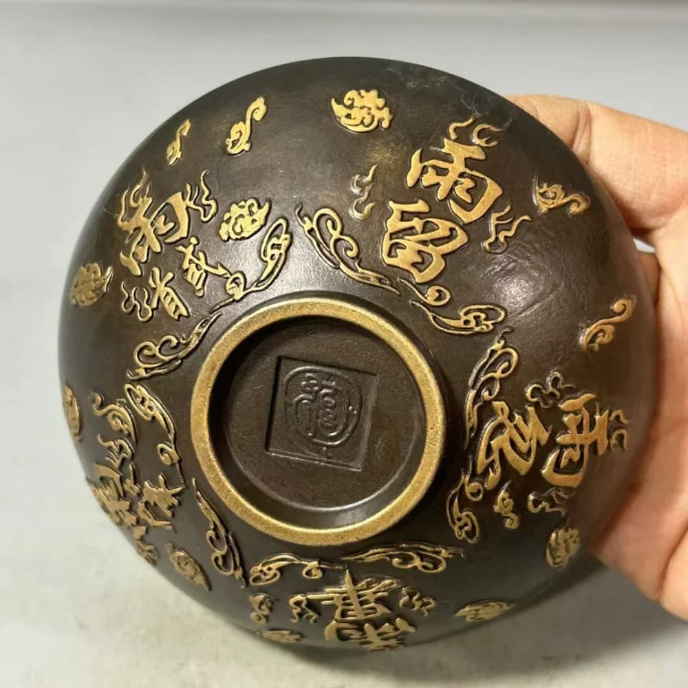 Antique Brass Taoist Holy Water Bowl Ziwei Secret Character Ritual Consecrated Cup Drive Evil Home Decor Collectible