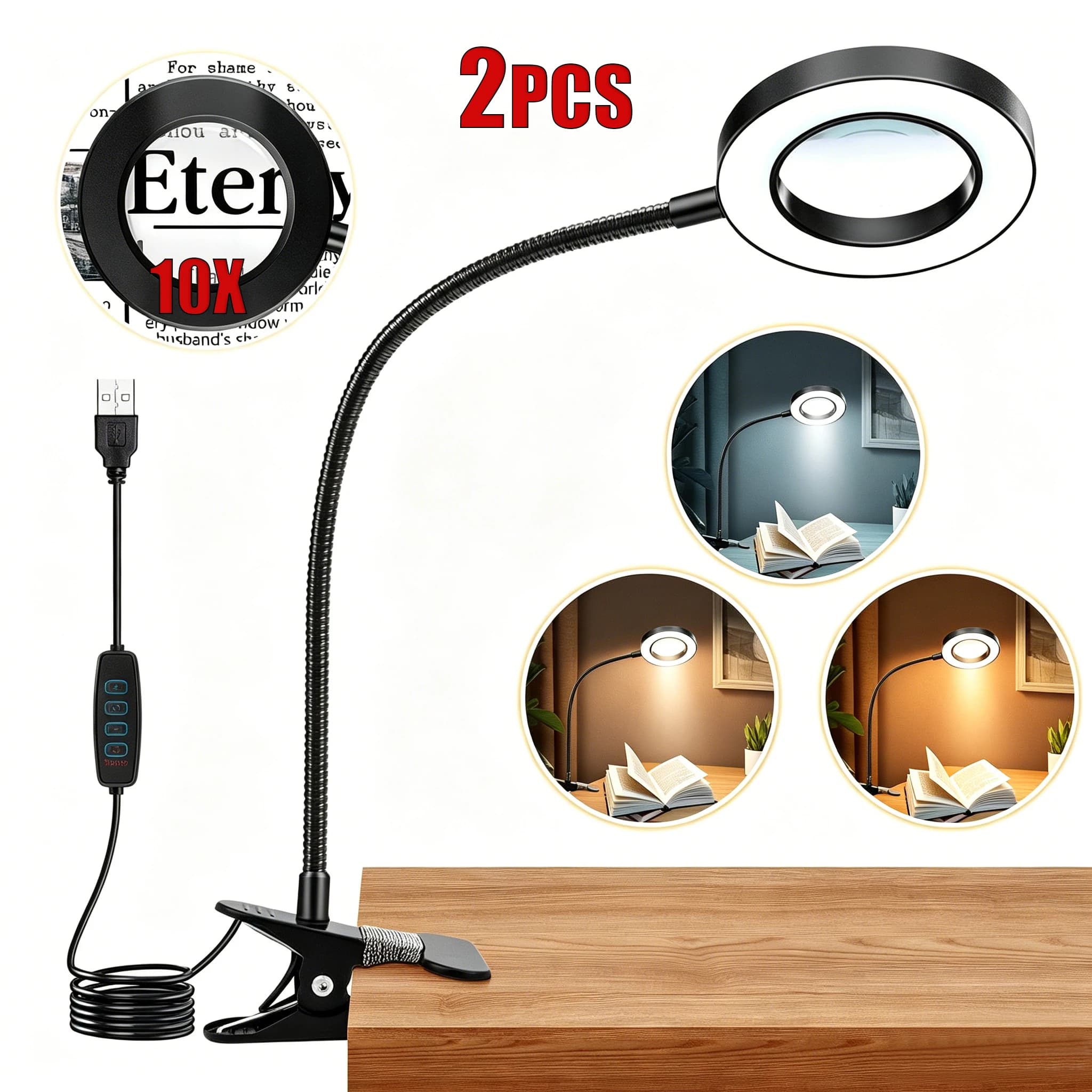 10X Magnifying Glass Desk Lamp Illuminated Magnifier with 3 Color Modes LED Magnifying Glass for Reading Craft Nail Close Work