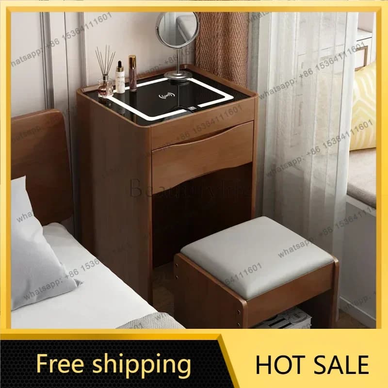 LDNordic 3-in-1 Compact Makeup Vanity Set with Mirror Hidden Storage Stool Dressing Table with 2 Drawers Charge Vanity