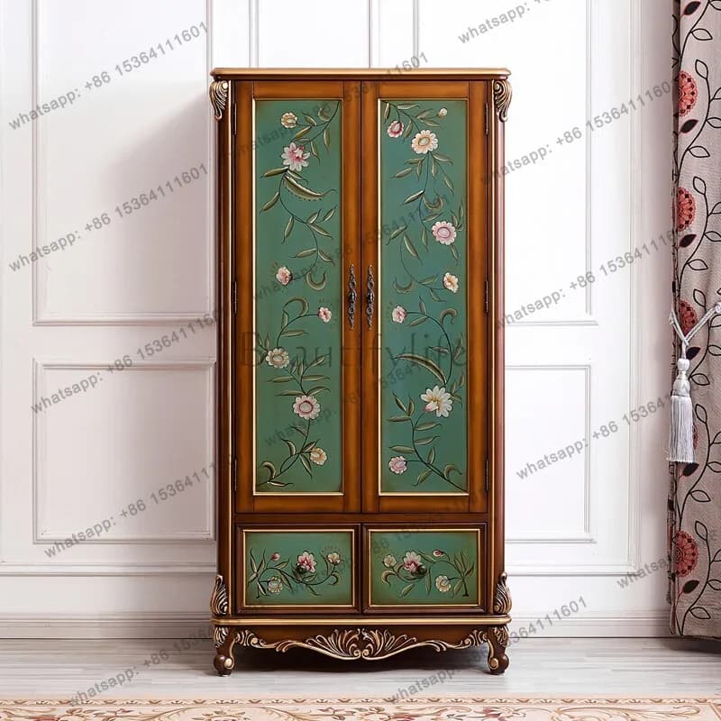 XX. European-style vintage painted solid wood storage cabinet, wall-mounted wardrobe in bedroom