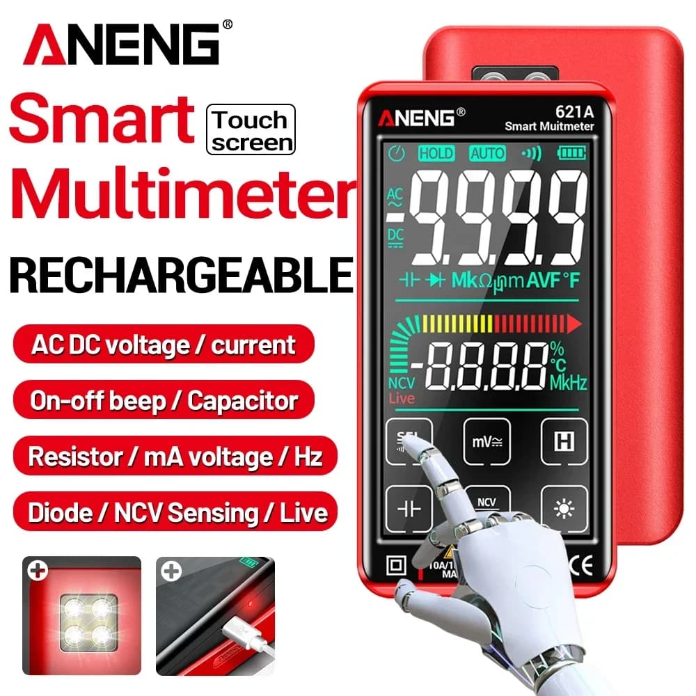 Digital Multimeter Rechargeable ANENG 621A Smart 9000 Counts AC DC Voltage Current Capacitor Diode NCV Sensing Multimetro Tools