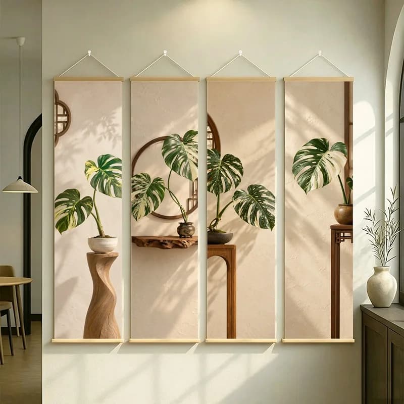 Wall Decor Albo Monstera and Mint Monstera, Wabi-Sabi Silver Shimmer Canvas Hanging Scroll for Meditation Room Home Decor