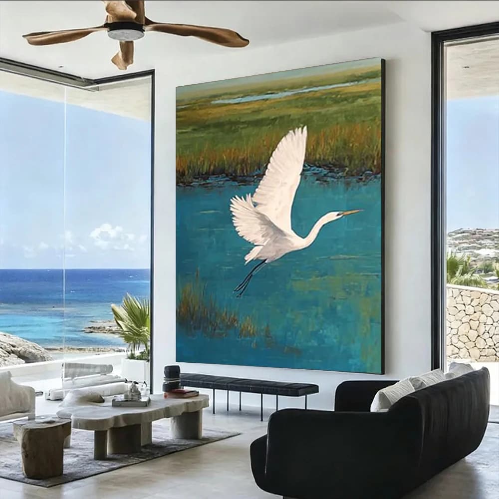 100% Handmade Abstract Oil Painting Migratory Bird Scenery Wall Art Picture - Decorative Image for Home Living Room Decor Image